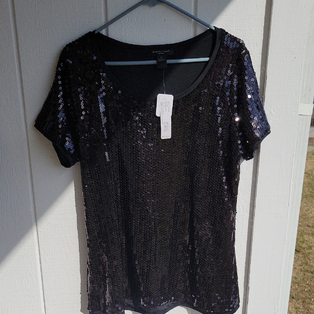 August Silk Black SequinDressy Holiday Cruise Party Short Sleeve Tee